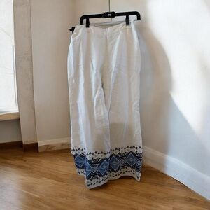 Alexis White Wide-Leg Pants with Blue Embroidered Hem